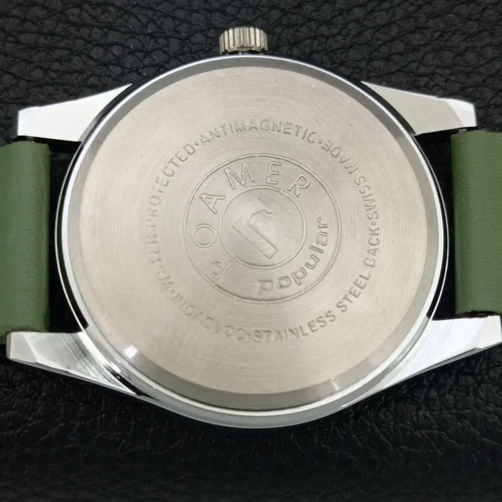 Vintage 1980 Roamer Manual Mens Silver Watch W/Leather Strap & Green accents